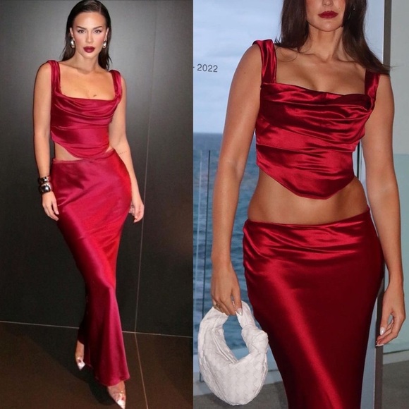 House of CB Set Una & Sydel corset top lace up maxi skit red‎ NWOT Size M - Picture 13 of 15